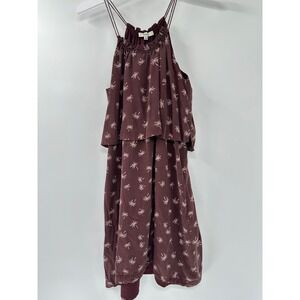 Madewell 100% Silk Tiered Halter Mini Dress Burgundy Palm Tree Print Size 6